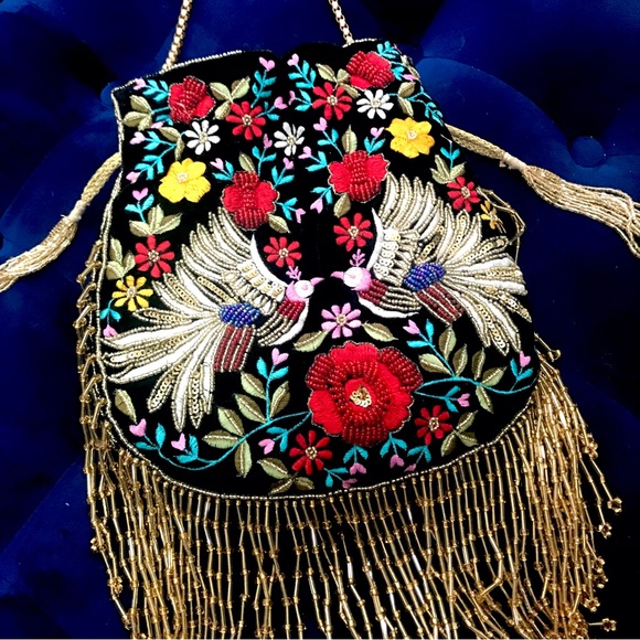 Ramla Embroidery Pouch Bag Womens Black Mumbai Handmade - Picture 2 of 15